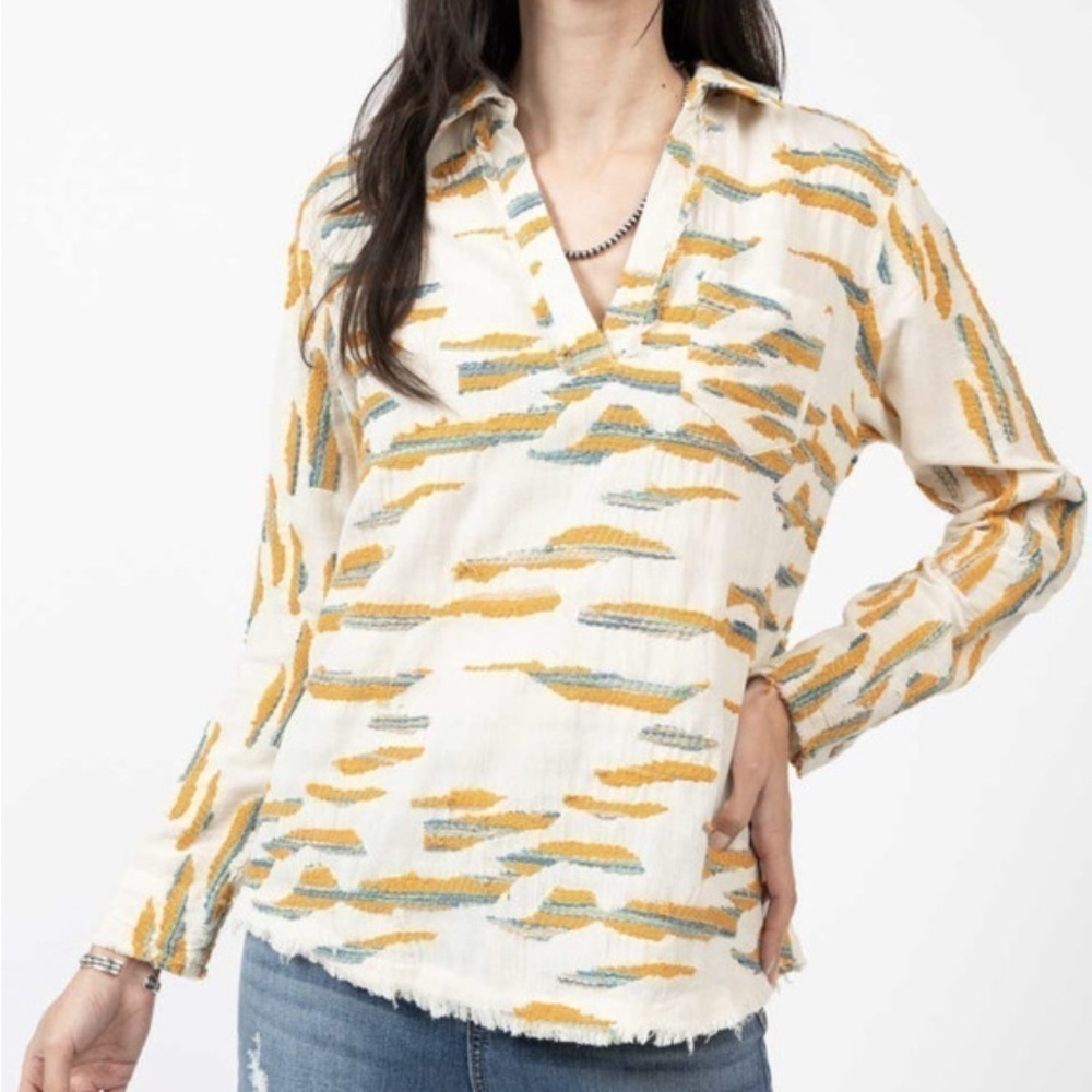 Ivy Jane Boho Long Sleeve Split Neck Textured Woven Popover Top Blouse Size MED